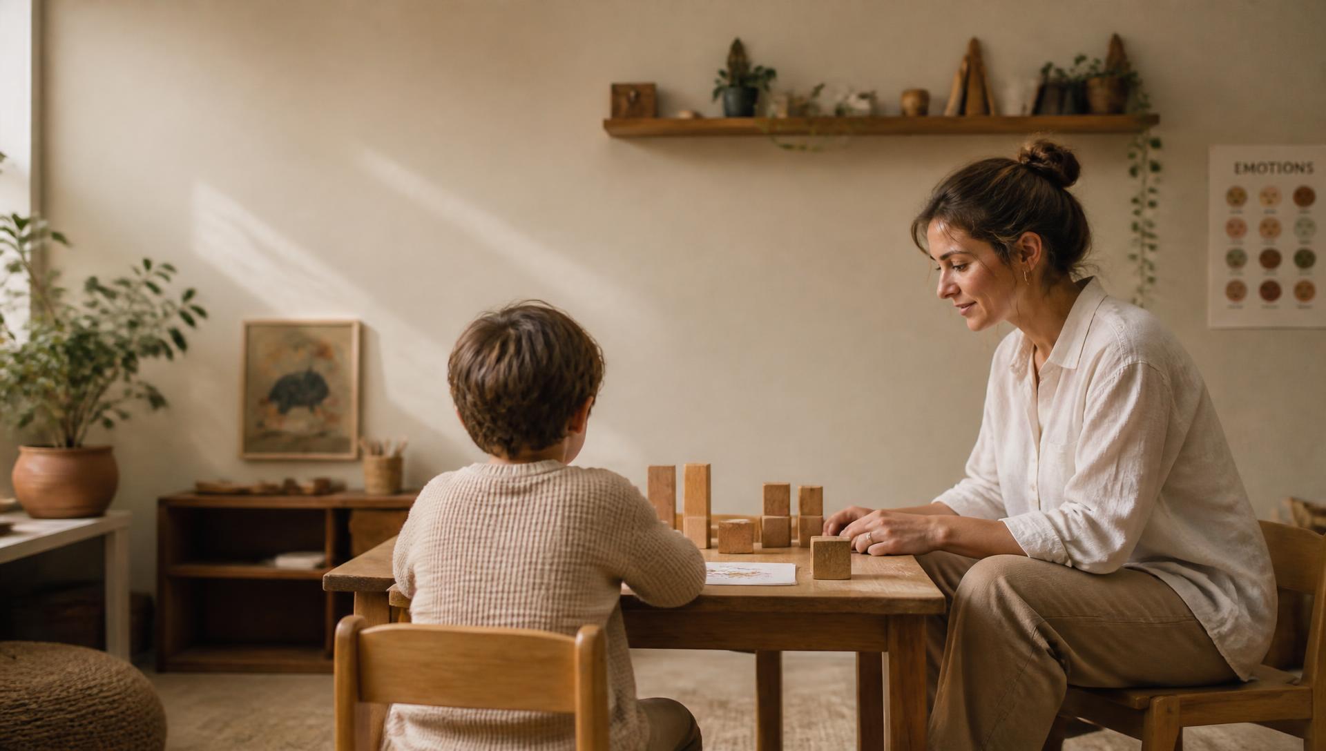 A therapist and a child building with wooden blocks together at a low table in a quiet, sunlit room