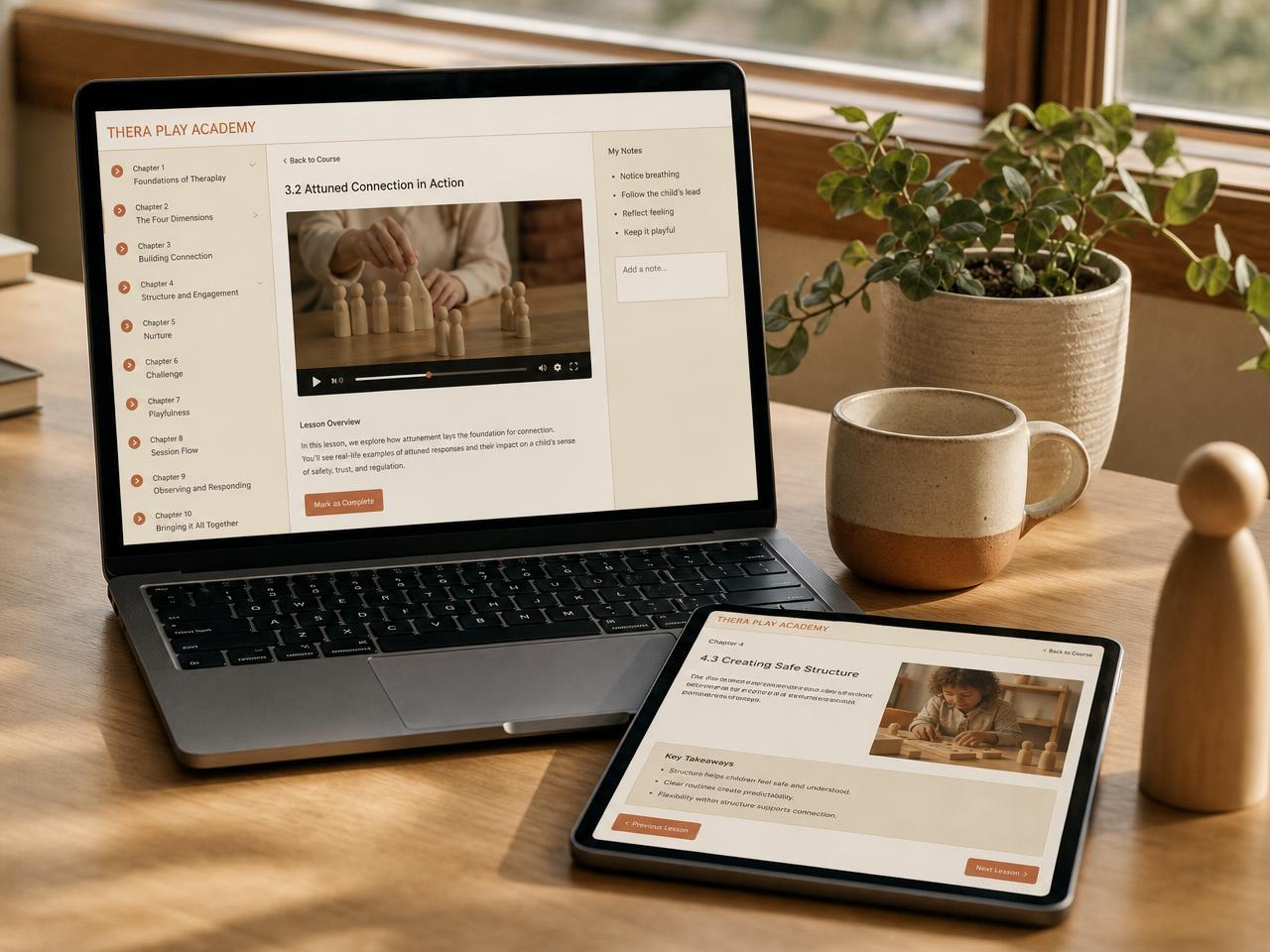 The Thera Play Academy course platform open on a laptop and tablet on a warm wooden desk, showing the chapter list, a video lesson and a notes panel