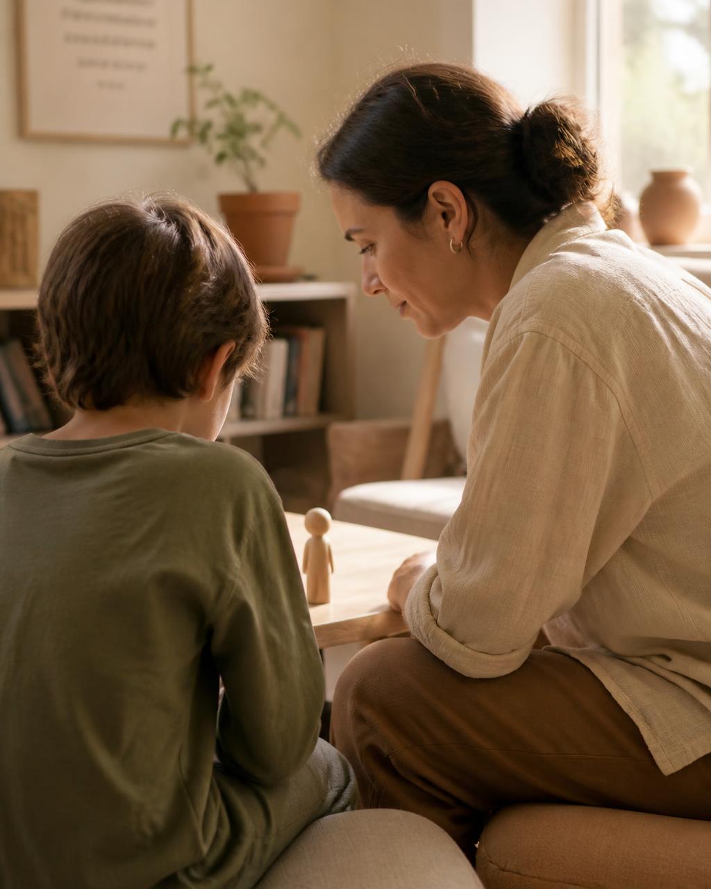A therapist and a child leaning in together over a small wooden figure on a table
