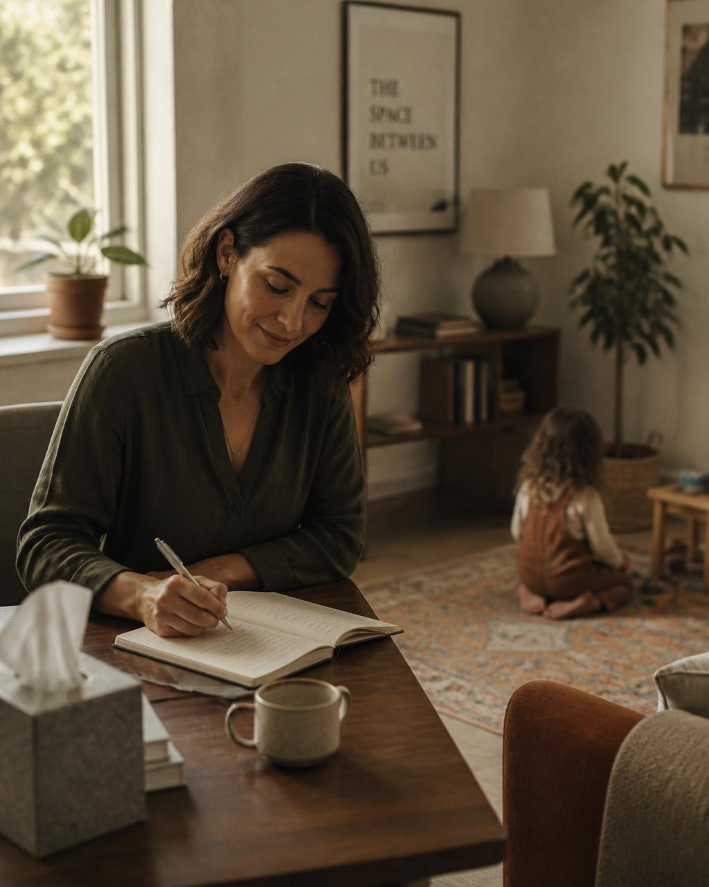 A therapist writing session notes while a child plays quietly on a rug behind her