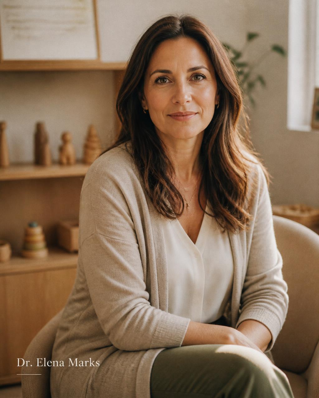 Dr. Elena Marks seated in her consulting room in warm afternoon light, wooden play materials on the shelf behind her