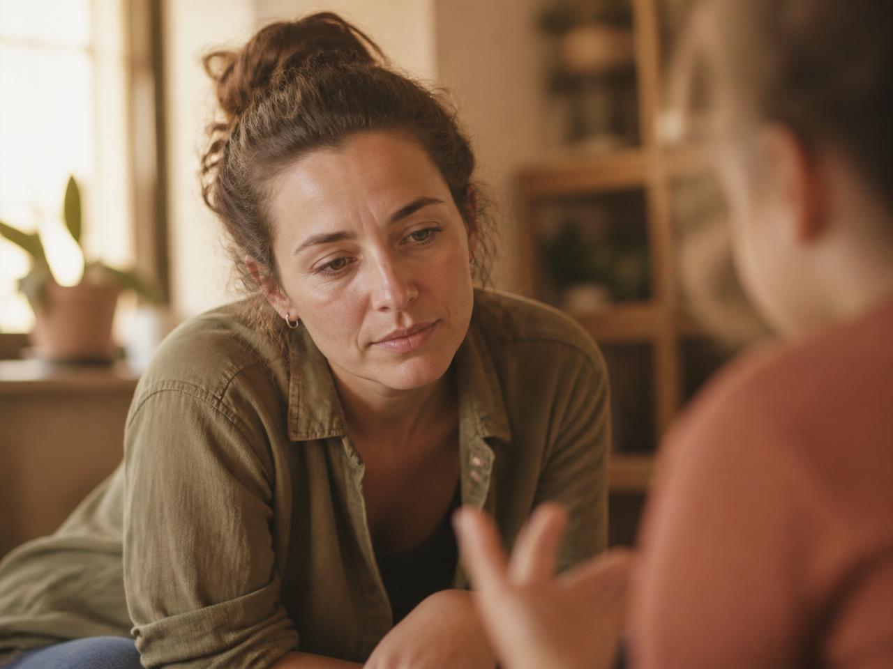 A therapist crouched to a child's eye level, listening closely