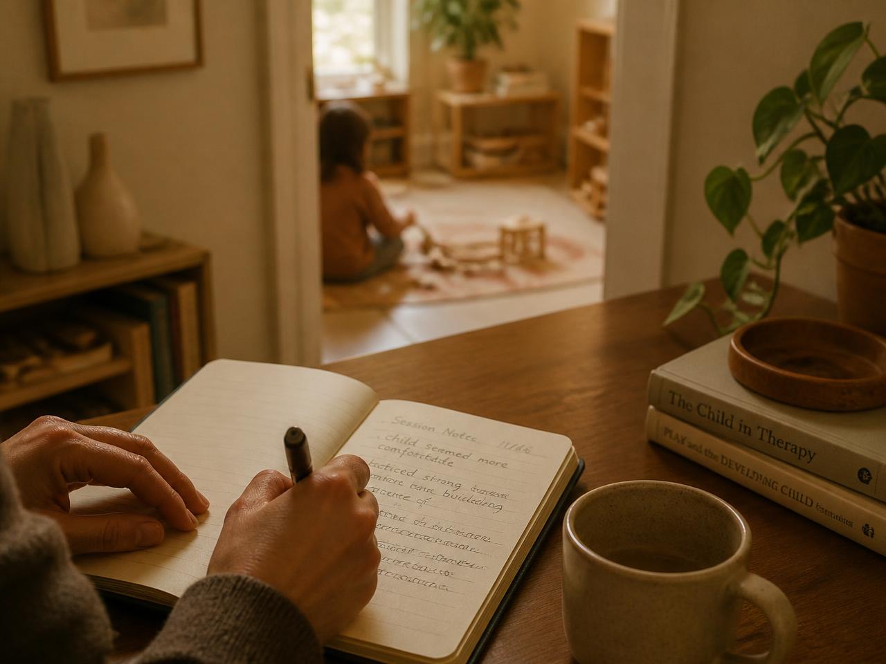 A therapist's hands writing session notes while a child plays in the next room