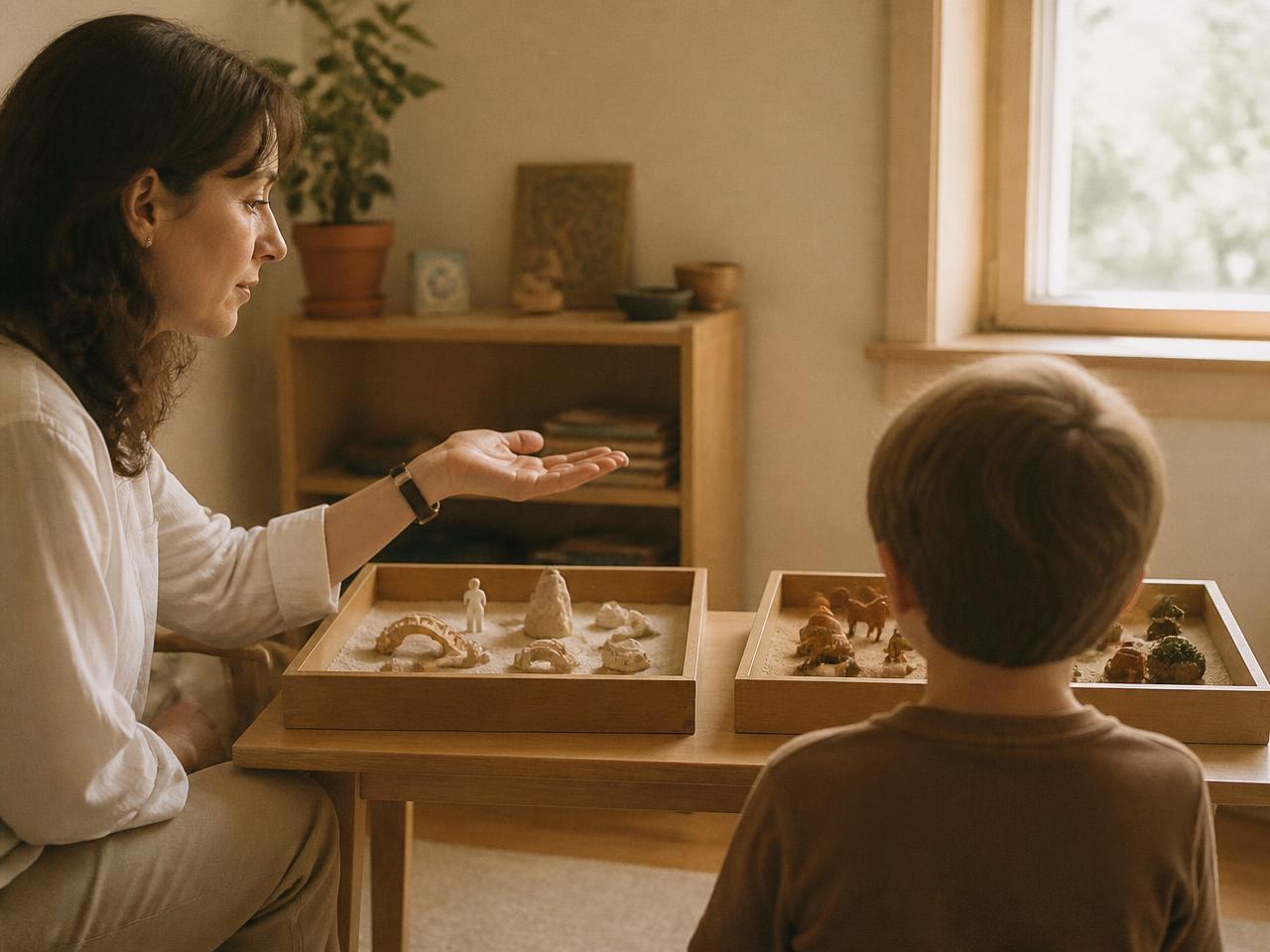 A therapist offering a child a choice between two sandtrays with an open hand