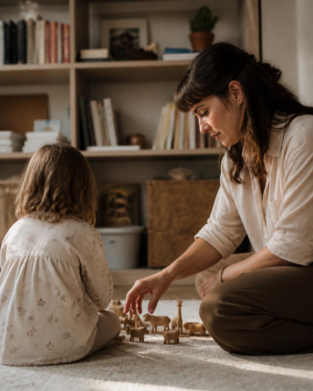 A therapist and a child arranging wooden animals side by side on a rug in late-afternoon light