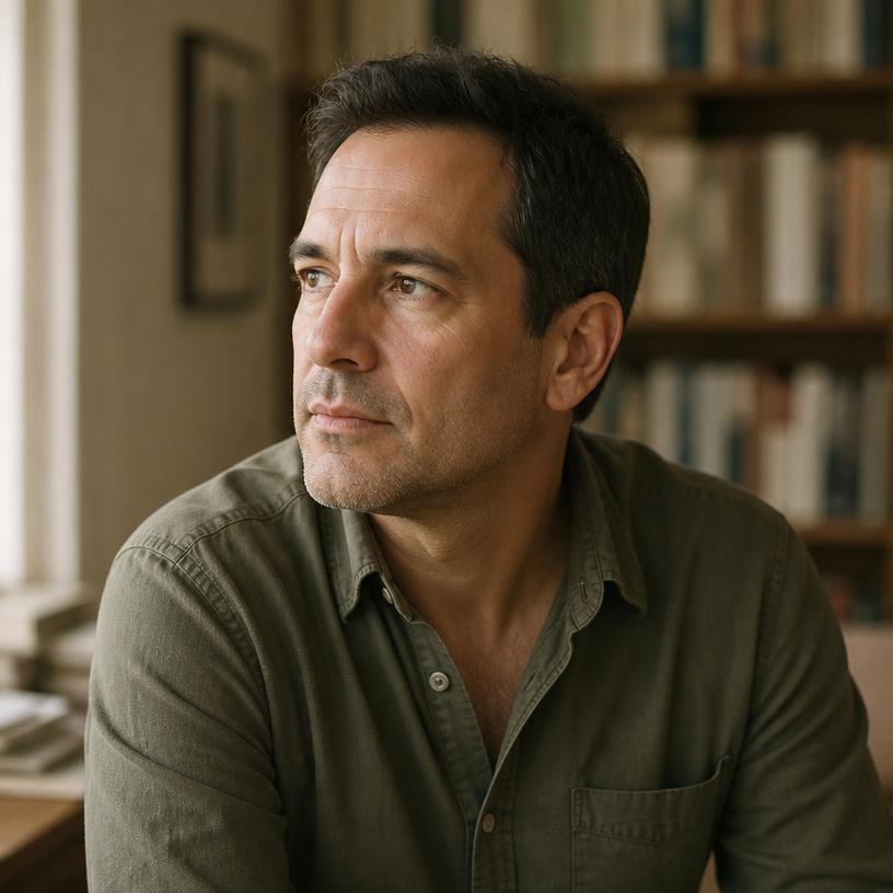 Marcus Bennett, school counsellor, looking thoughtfully away from camera beside a bookshelf